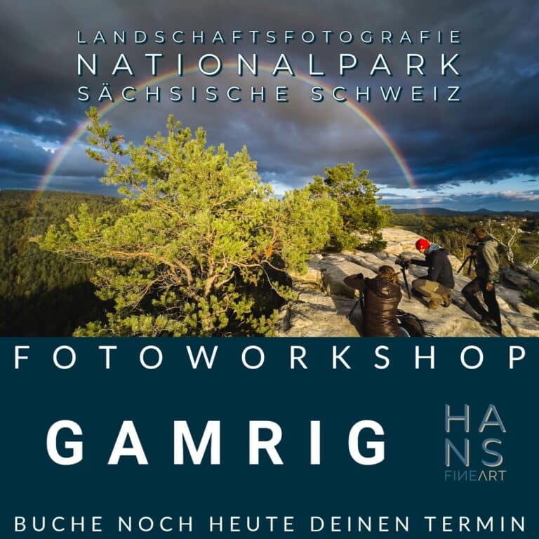 Teilnehmer des Fotoworkshops auf dem Gamrig fotografieren einen Regenbogen am Himmel nach einem Regenschauer.