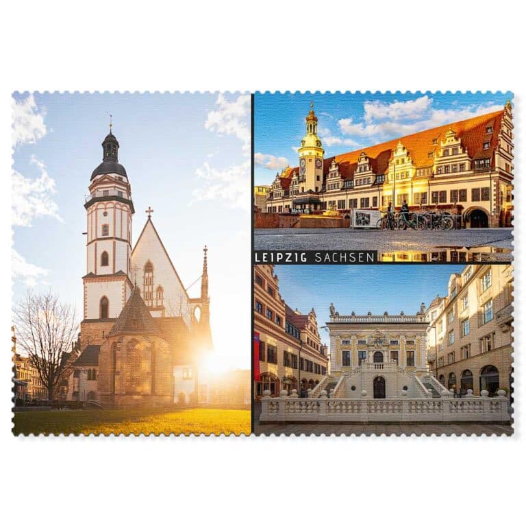 Leipzig Postkarte Collage Thomaskirche Altes Rathaus Alte Börse in der Goldenen Stunde mit warmem Licht.